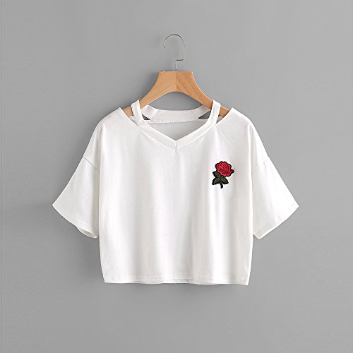 BCDshop Women Teen Girls Embroidery Rose Crop Top Tees Short Sleeve V Neck T-Shirt (M, White) by BCDshop