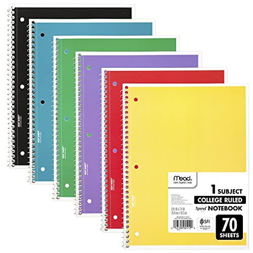 Mead Spiral Notebooks, 1 Subject, College Ruled Paper, 70 Sheets, Colored Note Books, Lined Paper, Home School Supplies for College Students & K-12, 10 1/2" x 8â, Assorted Colors, 6 Pack (73065) by ACCO Brands