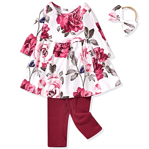 3T - 4T Little Toddler Girls Fall Outfit Floral Ruffle Tunic Pants Clothes Set Winter Clothing Red from 