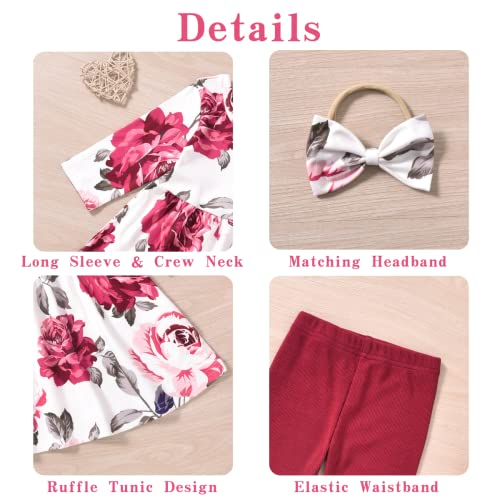 3T - 4T Little Toddler Girls Fall Outfit Floral Ruffle Tunic Pants Clothes Set Winter Clothing Red from 