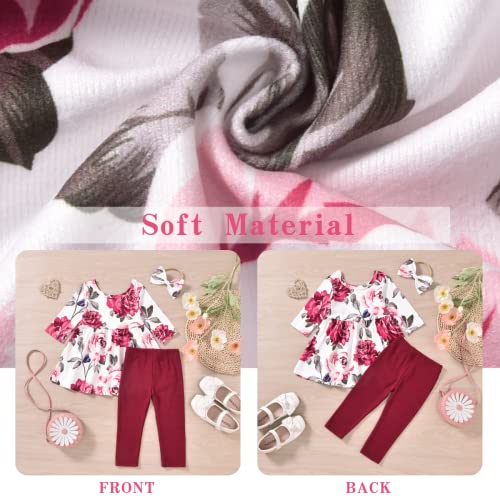 3T - 4T Little Toddler Girls Fall Outfit Floral Ruffle Tunic Pants Clothes Set Winter Clothing Red from 