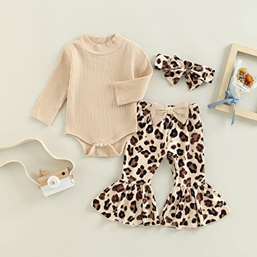 Newborn Baby Girl Clothes Infant Rib Frill Long Sleeve Romper Flared Pants Headband Set 3pcs Fall Winter Outfits (C- Beige- Mock Neck, 3-6 Months) from fhutpw
