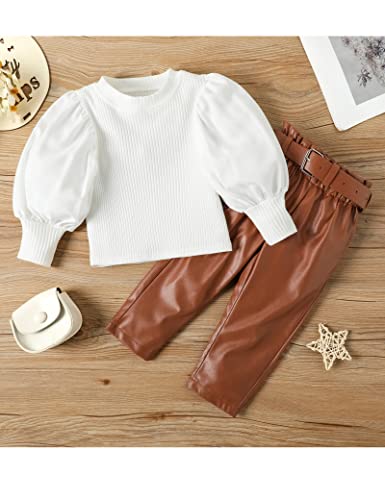 KANGKANG Toddler Fall Outfits 4t Girl Clothes Fall Toddler Girl Outfits Toddler Girl Sweatshirt Puff Sleeve Tops Pants 4-5T by 