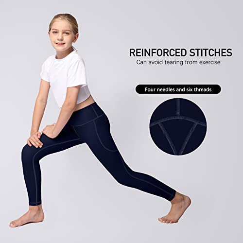 Yoga Active Leggings for Girls with 2 Pockets - Kids Workout Yoga Pants for Athletic Navy Blue from Aenlley
