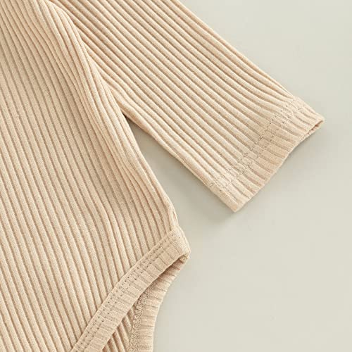 Newborn Baby Girl Clothes Infant Rib Frill Long Sleeve Romper Flared Pants Headband Set 3pcs Fall Winter Outfits (C- Beige- Mock Neck, 3-6 Months) from fhutpw