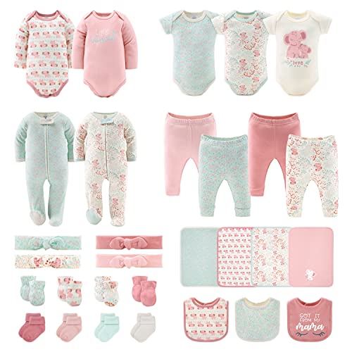 The Peanutshell Newborn Clothes & Accessories Set | 30 Piece Layette Gift Set | Fits Newborn to 3 Months | Pink Elephant & Floral by Farallon Brands