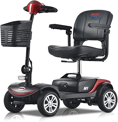 4 Wheel Travel Mobility Scooter for Senior - Electric Powered Mobile Wheelchair Device for Adult Elderly- Compact Scooter for Travel - Long Range Power Extended Battery w/Charger and Basket (Red) from iDFURLF
