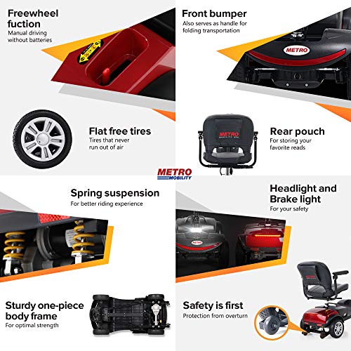 4 Wheel Travel Mobility Scooter for Senior - Electric Powered Mobile Wheelchair Device for Adult Elderly- Compact Scooter for Travel - Long Range Power Extended Battery w/Charger and Basket (Red) from iDFURLF