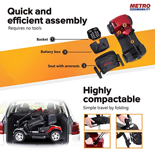 4 Wheel Travel Mobility Scooter for Senior - Electric Powered Mobile Wheelchair Device for Adult Elderly- Compact Scooter for Travel - Long Range Power Extended Battery w/Charger and Basket (Red) from iDFURLF