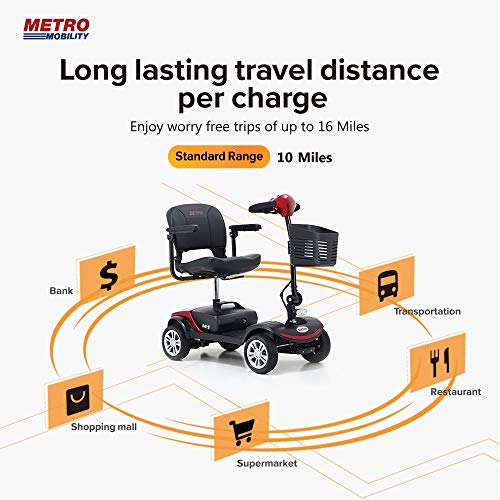 4 Wheel Travel Mobility Scooter for Senior - Electric Powered Mobile Wheelchair Device for Adult Elderly- Compact Scooter for Travel - Long Range Power Extended Battery w/Charger and Basket (Red) from iDFURLF
