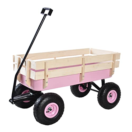 Sanch Ancha Heavy Duty Steel Wooden Side Support Cargo Wagon with 10â All-Terrain Air Tires, Up to 176lb Haul Capacity, Effortless Foldable Handle Cart for Towing Kids Toys, Gardening Supplies (Pink) by Sanch Ancha