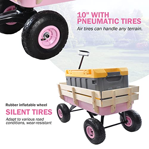 Sanch Ancha Heavy Duty Steel Wooden Side Support Cargo Wagon with 10â All-Terrain Air Tires, Up to 176lb Haul Capacity, Effortless Foldable Handle Cart for Towing Kids Toys, Gardening Supplies (Pink) by Sanch Ancha
