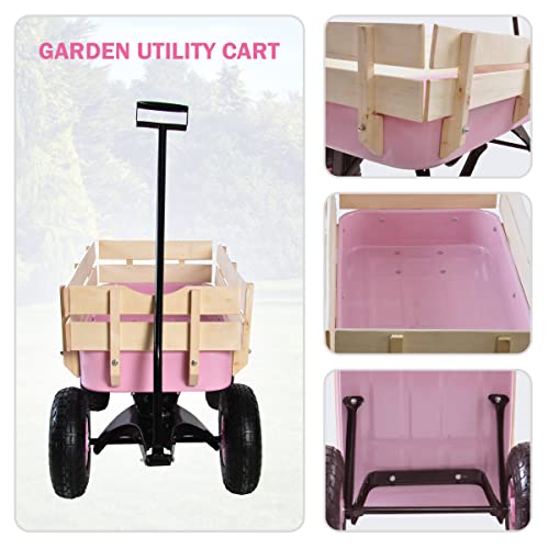 Sanch Ancha Heavy Duty Steel Wooden Side Support Cargo Wagon with 10â All-Terrain Air Tires, Up to 176lb Haul Capacity, Effortless Foldable Handle Cart for Towing Kids Toys, Gardening Supplies (Pink) by Sanch Ancha