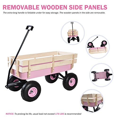 Sanch Ancha Heavy Duty Steel Wooden Side Support Cargo Wagon with 10â All-Terrain Air Tires, Up to 176lb Haul Capacity, Effortless Foldable Handle Cart for Towing Kids Toys, Gardening Supplies (Pink) by Sanch Ancha