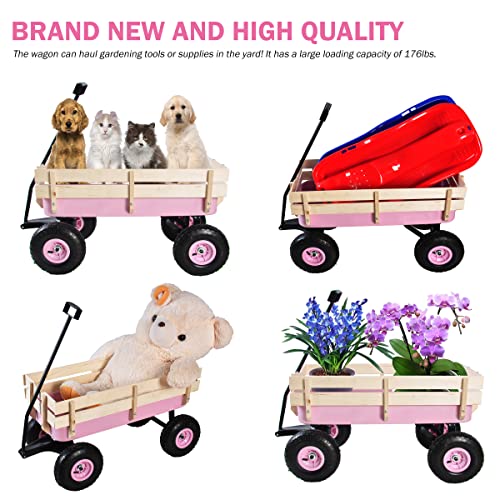 Sanch Ancha Heavy Duty Steel Wooden Side Support Cargo Wagon with 10â All-Terrain Air Tires, Up to 176lb Haul Capacity, Effortless Foldable Handle Cart for Towing Kids Toys, Gardening Supplies (Pink) by Sanch Ancha