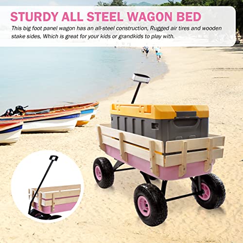 Sanch Ancha Heavy Duty Steel Wooden Side Support Cargo Wagon with 10â All-Terrain Air Tires, Up to 176lb Haul Capacity, Effortless Foldable Handle Cart for Towing Kids Toys, Gardening Supplies (Pink) by Sanch Ancha