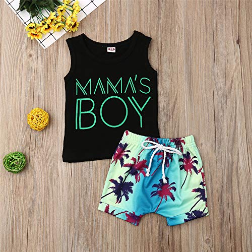 2Pcs Baby Boys Summer Clothing Sets Cute Letters Print Sleeveless Tank Tops T-Shirt+Palm Shorts Outfits (Black Tank Tops+Beach Shorts, 18-24 Months) from 