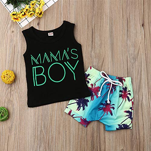2Pcs Baby Boys Summer Clothing Sets Cute Letters Print Sleeveless Tank Tops T-Shirt+Palm Shorts Outfits (Black Tank Tops+Beach Shorts, 18-24 Months) from 