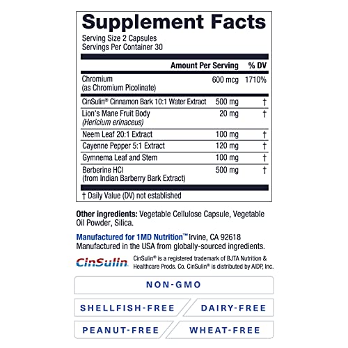 1MD Nutrition GlucoseMD - with Patented Cinnamon Extract, Chromium, Berberine | 60 Capsules (2-Pack) from 1MD Nutrition