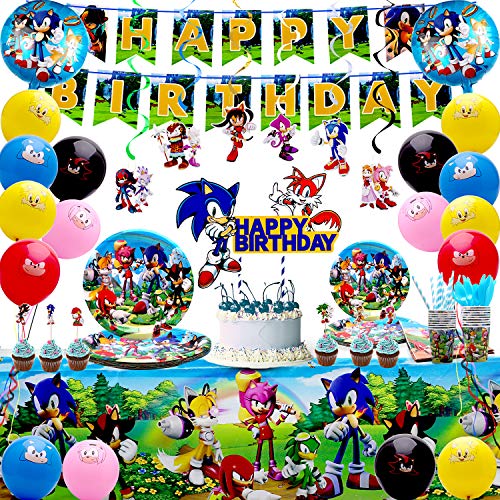 Sonic Theme Birthday Party Supplies-Hedgehog Sonic Party Supplies for Kids with Banner,Plates,Cups,Napkins,Tableware,Hanging Swirl Decorations,Ballons for 16 Guest from AMTIOPS
