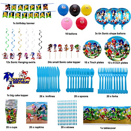 Sonic Theme Birthday Party Supplies-Hedgehog Sonic Party Supplies for Kids with Banner,Plates,Cups,Napkins,Tableware,Hanging Swirl Decorations,Ballons for 16 Guest from AMTIOPS