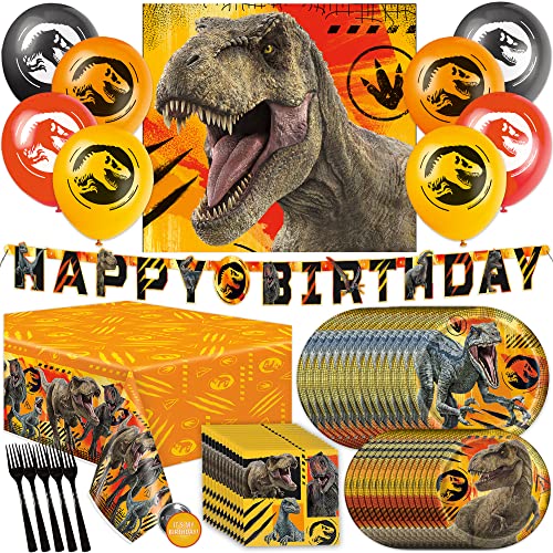 Unique Jurassic World Birthday Party Supplies | Jurassic Park Birthday Party Supplies | Jurassic World Party Supplies Decorations | Door Poster Backdrop, Balloons, Banner, Tablecloth, Plates, Napkins, Forks, Button | Serves 16 Guests from Unique