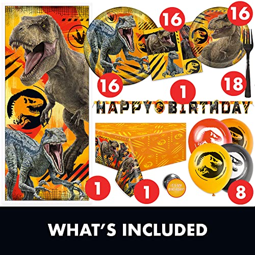 Unique Jurassic World Birthday Party Supplies | Jurassic Park Birthday Party Supplies | Jurassic World Party Supplies Decorations | Door Poster Backdrop, Balloons, Banner, Tablecloth, Plates, Napkins, Forks, Button | Serves 16 Guests from Unique
