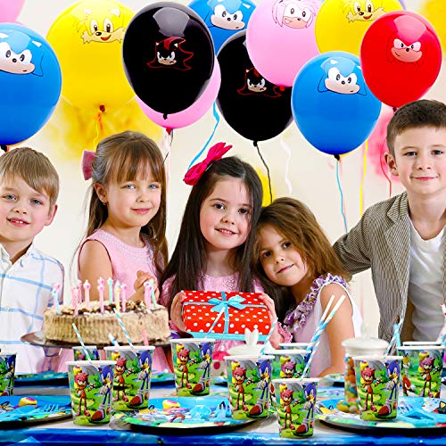 Sonic Theme Birthday Party Supplies-Hedgehog Sonic Party Supplies for Kids with Banner,Plates,Cups,Napkins,Tableware,Hanging Swirl Decorations,Ballons for 16 Guest from AMTIOPS
