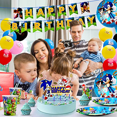 Sonic Theme Birthday Party Supplies-Hedgehog Sonic Party Supplies for Kids with Banner,Plates,Cups,Napkins,Tableware,Hanging Swirl Decorations,Ballons for 16 Guest from AMTIOPS