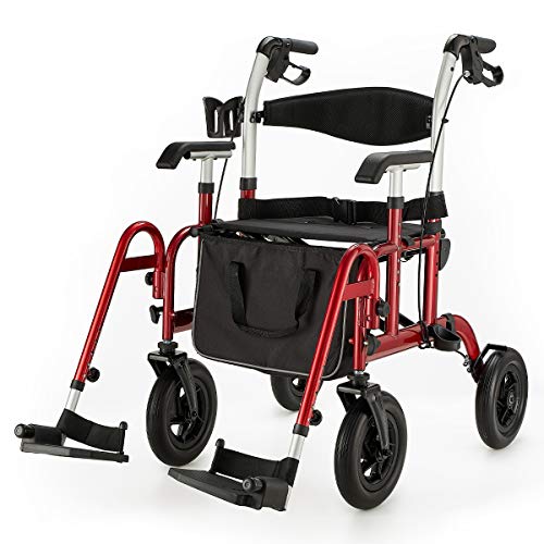Health Line Massage Products Safety 2 in 1 Rollator-Transport Chair, with 10 Inch Big Wheels, Adjustable Paded Armrest and Safety Belt, Mobility Rolling Walker for Senior, Elderly & Handicap, Red from ML