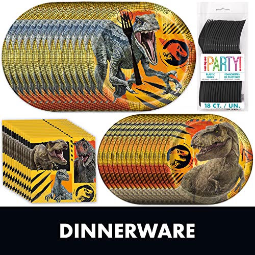 Unique Jurassic World Birthday Party Supplies | Jurassic Park Birthday Party Supplies | Jurassic World Party Supplies Decorations | Door Poster Backdrop, Balloons, Banner, Tablecloth, Plates, Napkins, Forks, Button | Serves 16 Guests from Unique