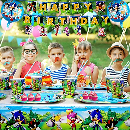 Sonic Theme Birthday Party Supplies-Hedgehog Sonic Party Supplies for Kids with Banner,Plates,Cups,Napkins,Tableware,Hanging Swirl Decorations,Ballons for 16 Guest from AMTIOPS