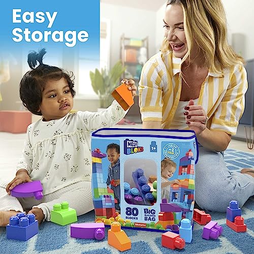 Mega Bloks First Builders Big Building Bag with Big Building Blocks, Building Toys for Toddlers (80 Pieces) - Blue Bag by Mega Bloks