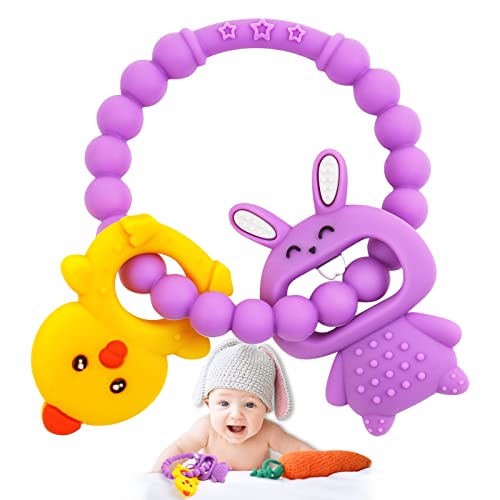 Easter Teething Toys Teethers for Babies 0-6 Months Baby Easter Teether Silicone Chew Toys Easter Basket Stuffers for Baby 6-12 Months Infant Teething Toys Easter Gifts Boys Grils Purple Bunny Chicken by NPET