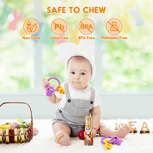 Easter Teething Toys Teethers for Babies 0-6 Months Baby Easter Teether Silicone Chew Toys Easter Basket Stuffers for Baby 6-12 Months Infant Teething Toys Easter Gifts Boys Grils Purple Bunny Chicken by NPET