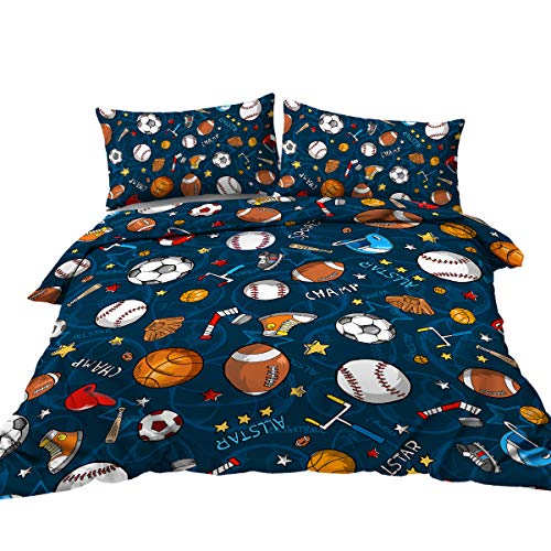 BlessLiving Ball Bedding for Boys Sports Ball Equipment Full Duvet Cover Set Navy Blue Comforter Cover 3 Pieces Basketball Soccer Ball and Baseball Bed Sets for Kids Teens by BlessLiving