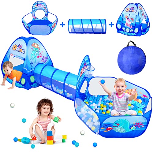 PigPigPen 3 in 1 Kids Play Tent with Play Tunnel, Ball Pit, Basketball Hoop for Boys & Girls, Toddler Pop Up Playhouse Toy for Baby Indoor/Outdoor, Gift for Year Old Child (3 in 1 Kids Play Tent) by Dongguan Sainuo Outdoor Gear Co., Ltd