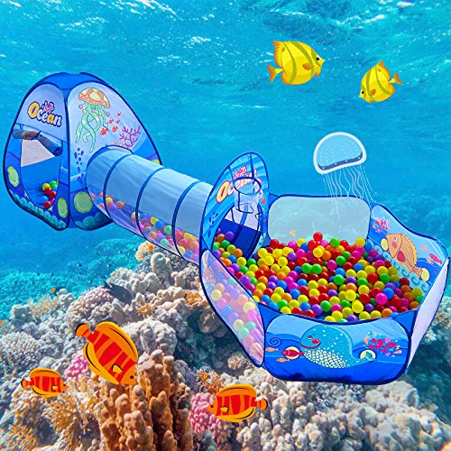 PigPigPen 3 in 1 Kids Play Tent with Play Tunnel, Ball Pit, Basketball Hoop for Boys & Girls, Toddler Pop Up Playhouse Toy for Baby Indoor/Outdoor, Gift for Year Old Child (3 in 1 Kids Play Tent) by Dongguan Sainuo Outdoor Gear Co., Ltd