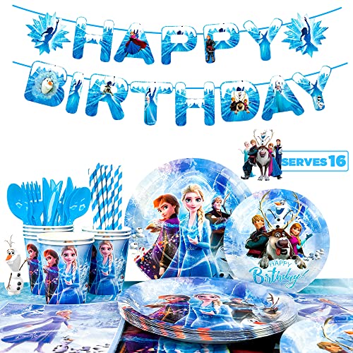 Frozen Birthday Party Supplies-144pcs Frozen Party Tableware Set Frozen Birthday Party Plates and Cup and Napkins Tablecloth Banner etc Elsa Birthday Party Supplies 2th 4th Birthday,Serves 16 Guest from Fruitful Party