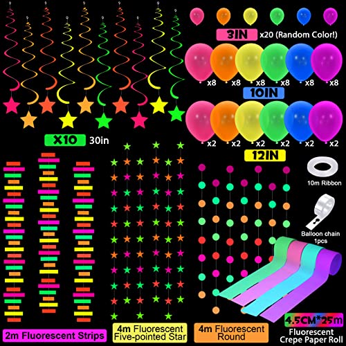 Winrayk 104Pcs Neon Glow in The Dark Birthday Party Decorations Supplies Glow Party Neon Balloon Garland Kit Neon Streamers Glow in The Dark Party Supplies UV Neon Party Decorations for Kid Teen Adult by Winrayk