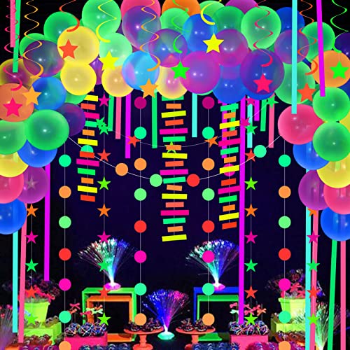 Winrayk 104Pcs Neon Glow in The Dark Birthday Party Decorations Supplies Glow Party Neon Balloon Garland Kit Neon Streamers Glow in The Dark Party Supplies UV Neon Party Decorations for Kid Teen Adult by Winrayk