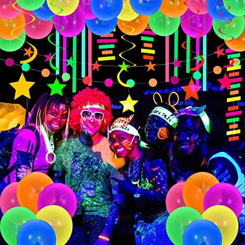 Winrayk 104Pcs Neon Glow in The Dark Birthday Party Decorations Supplies Glow Party Neon Balloon Garland Kit Neon Streamers Glow in The Dark Party Supplies UV Neon Party Decorations for Kid Teen Adult by Winrayk