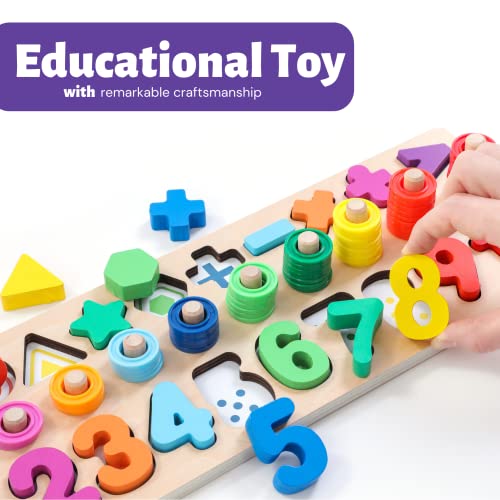 BEKILOLE 4-in-1 Wooden Puzzle Learning Toys for Toddlers Educational and Montessori Toys for 1-3 Years Old Sort Count Shape Stacking- Rainbow by BEKILOLE