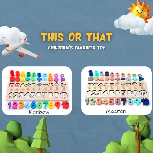 BEKILOLE 4-in-1 Wooden Puzzle Learning Toys for Toddlers Educational and Montessori Toys for 1-3 Years Old Sort Count Shape Stacking- Rainbow by BEKILOLE