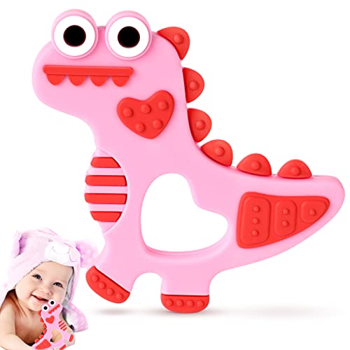 Soft Silicone Baby Teething Toys 3-6/6-12 Months Pink Dinosaur Teethers Valentines Day Gifts Baby Girl Boy Sore Gums Relief Infant Toys Birthday Gift Chocking-Prove Design Baby Chew Toys BPA-Free by NPET