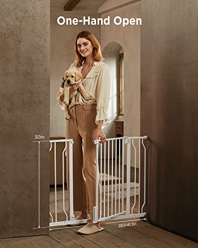 Ciays 29.5â to 41.3â Baby Gate for Stairs Doorways and House, 30â Height Extra Wide Auto-Close Safety Dog Gate for Pets with Secure Alarm, Pressure Mounted, White by Ciays