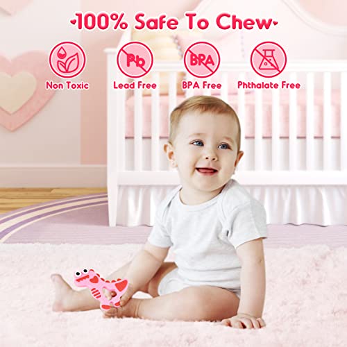 Soft Silicone Baby Teething Toys 3-6/6-12 Months Pink Dinosaur Teethers Valentines Day Gifts Baby Girl Boy Sore Gums Relief Infant Toys Birthday Gift Chocking-Prove Design Baby Chew Toys BPA-Free by NPET