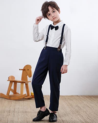 Baby Boys Dress Clothes, Toddlers Boys Long Sleeves Button Down Dress Shirt with Bowtie + Suspender Pants Set Gentlemen Outfit, 1# White, Tag 60 = 3-9 Months by 