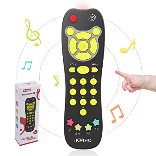 Baby Remote Control Toy with Light Sound Realistic Toddler TV Remote Toy with Adjustable Volume Kid Learning Education Musical Toys with English French Spanish Infant Gift for Boy Girl 6M+ (Black) by iKOIHO