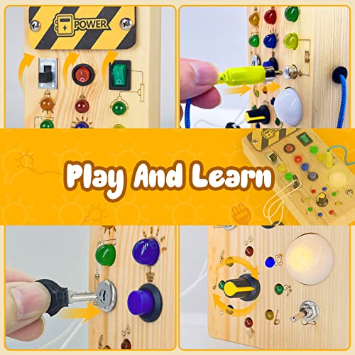 Montessori Toddler Busy Board, Baby Wooden Busy Board with 8 LED Light switches, Sensory Toys Light Switch Toys Travel Toys for 1+ Year Old Baby and Toddler from CGS